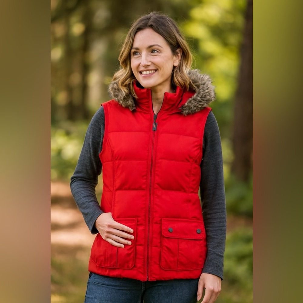 Metro Quilted Red Down/Puffer Vest with Removable Faux Fur Hood